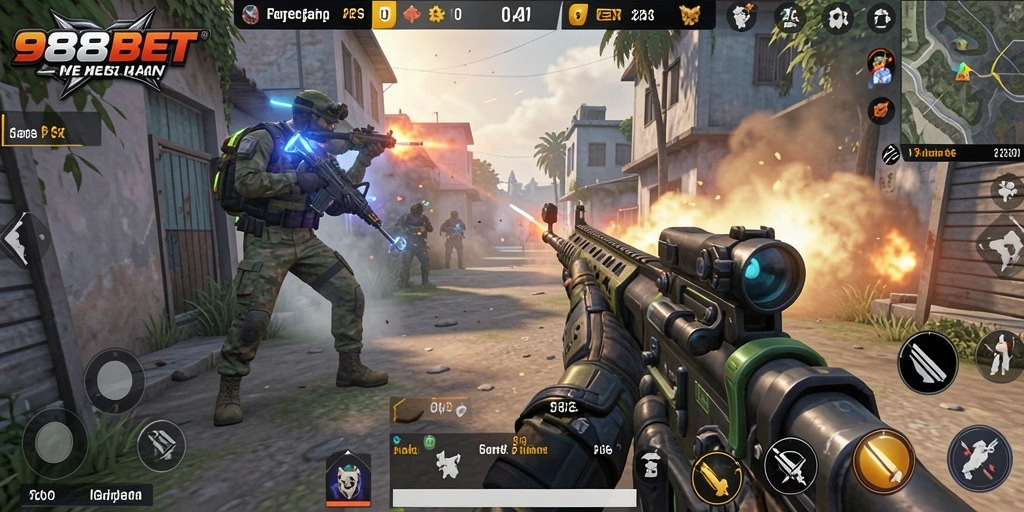 Tampilan seru gameplay 988BET dalam pertempuran FPS.