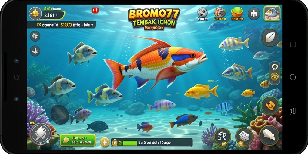 Tampilan gameplay seru Tembak Ikan BROMO77 dengan berbagai ikan dan senjata.