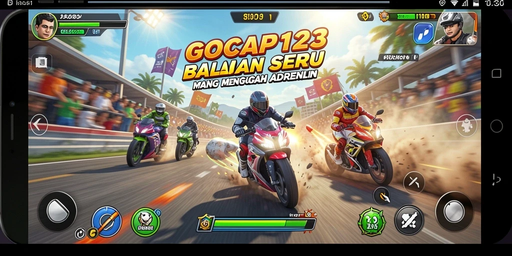 Gambar menampilkan kendaraan balap cepat di trek menantang GOCAP123.