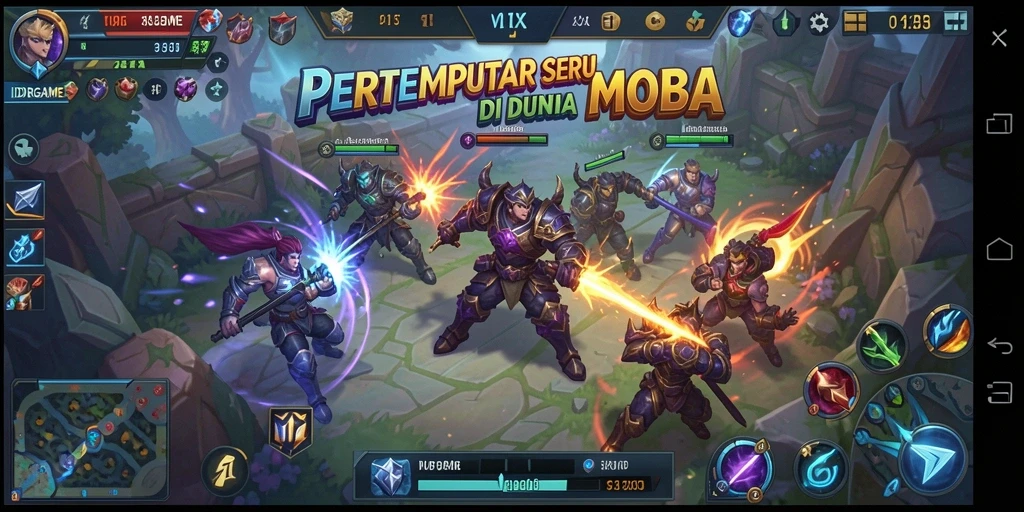 Screenshot gameplay menunjukkan pertempuran seru di arena MOBA.