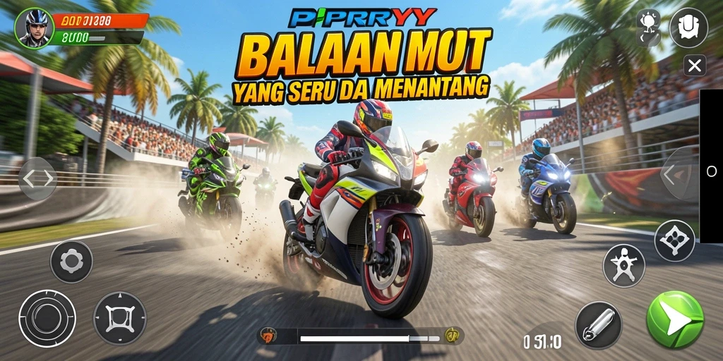 Screenshot PPRRYY menunjukkan balapan motor yang intens dan grafis yang memukau.