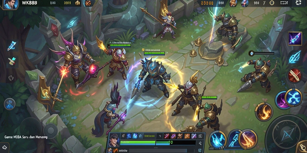 Screenshot gameplay epic dari WK888 yang menunjukkan aksi MOBA yang mendebarkan.